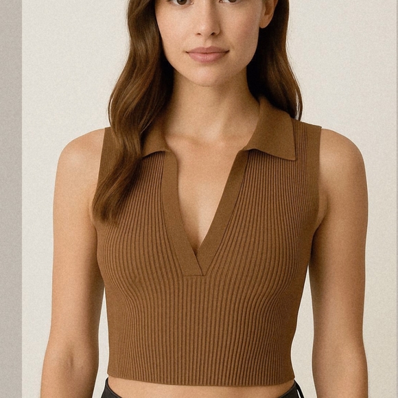 House of Harlow 1960 Brown Sleeveless, Sculpt Knit Ribbed Crop Tank M - Picture 1 of 5